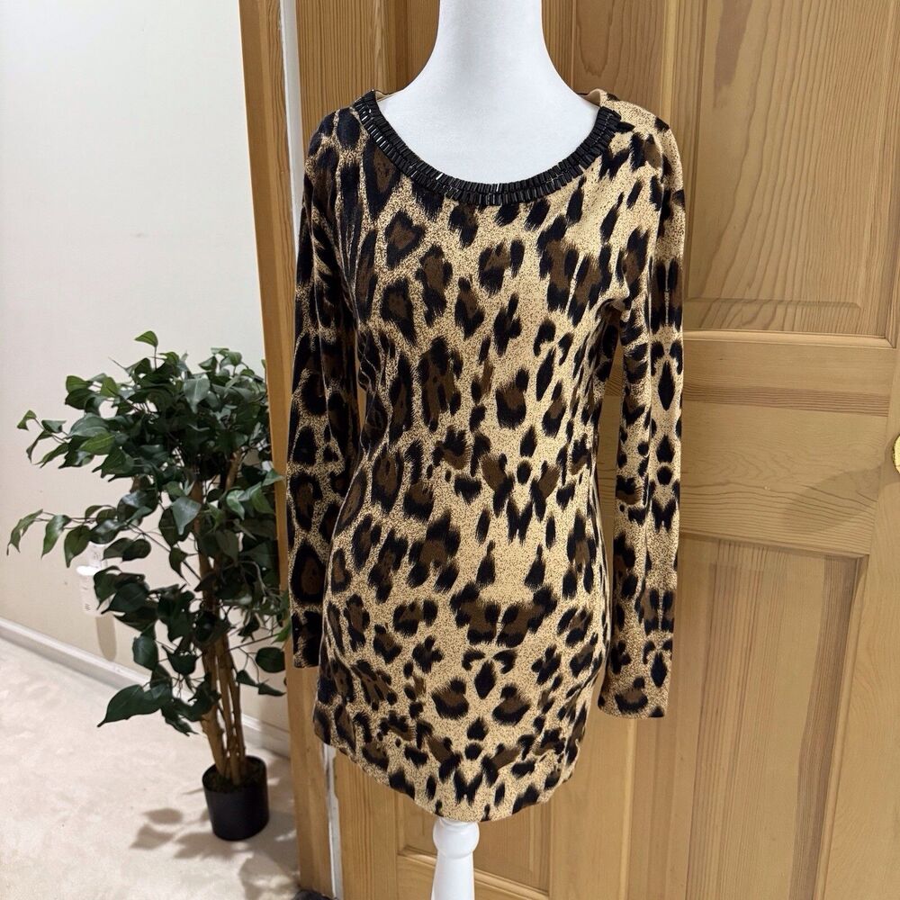 Inc Cheetah Animal Print Round Neck Long Sleeves Sweater Beaded CollarSize Small